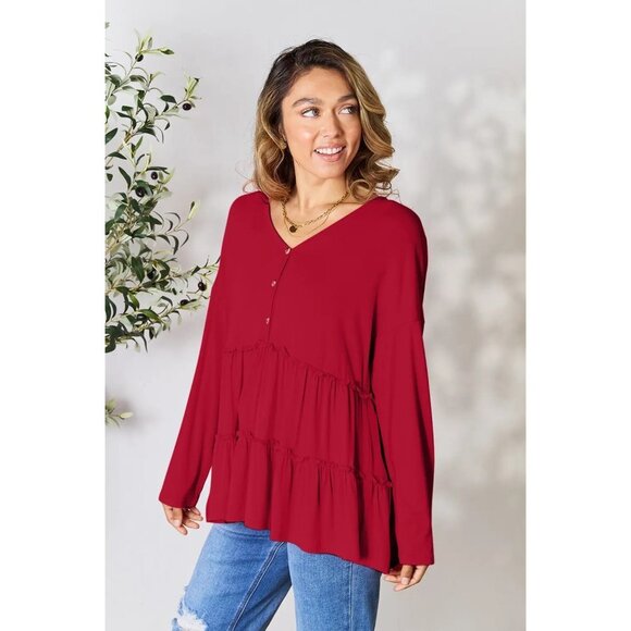 Double Take Tops - Double Take Half Button Long Sleeve Ruffle Hem Blouse